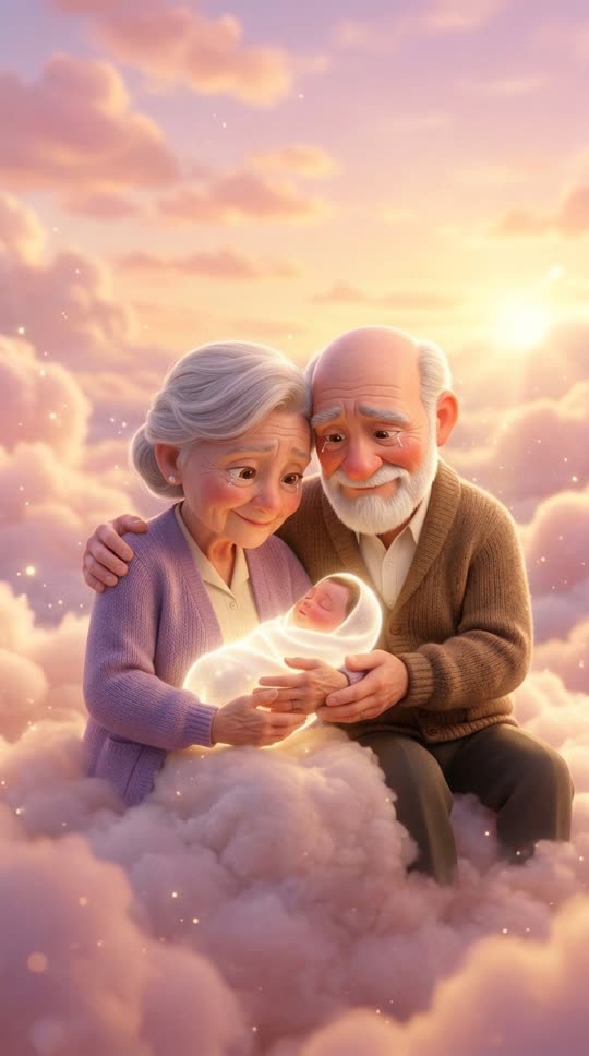 Grandparents on the clouds holding a glowing newborn