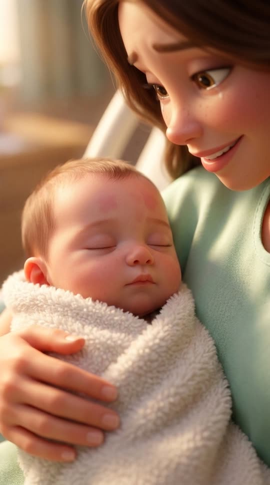 Newborn in the mother's arms with two small pink marks on the forehead