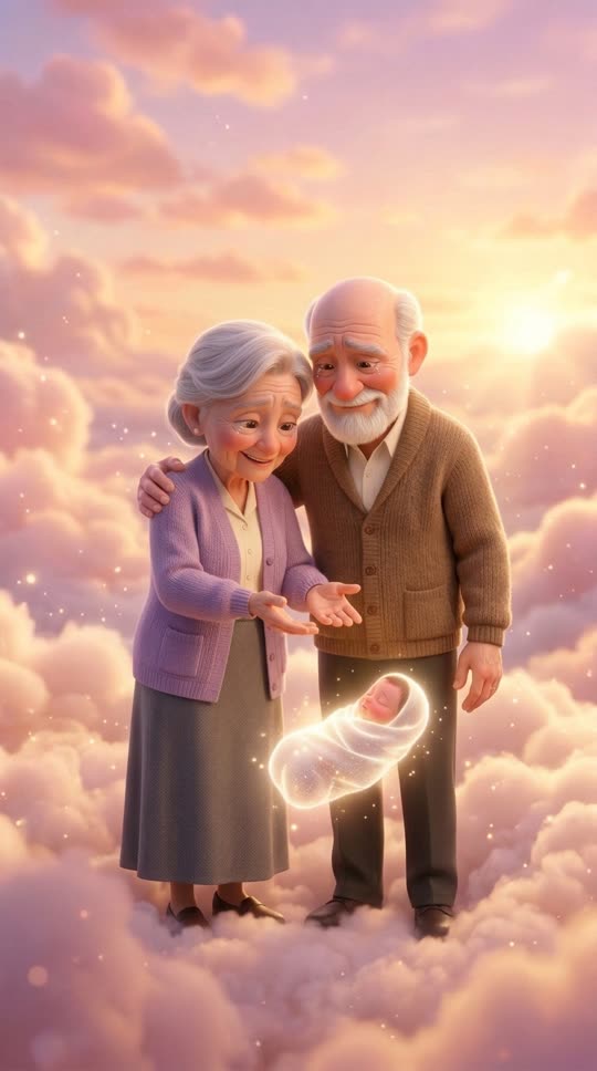 Grandparents letting the glowing baby float down