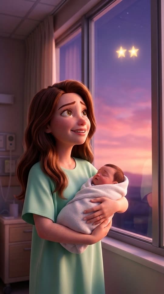 Mother at the hospital window with two stars in the night sky